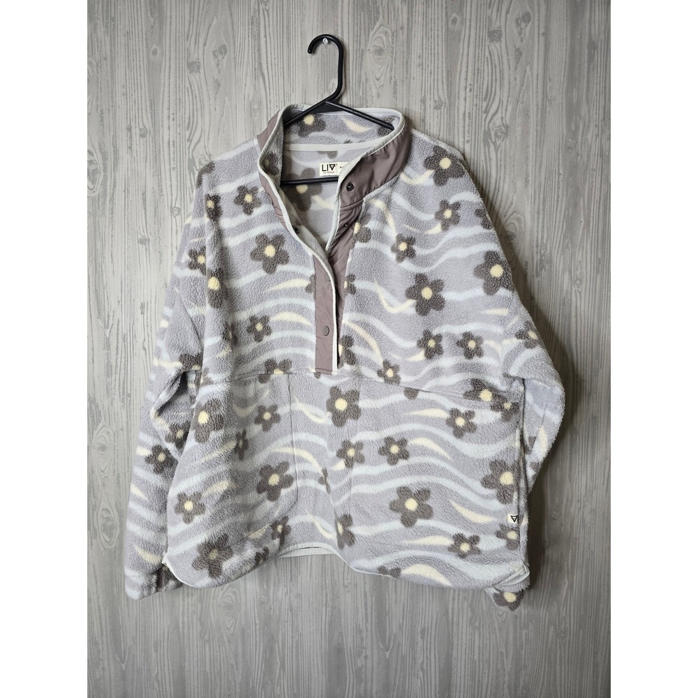 LIV Outdoor Sherpa Fleece Pullover Womens XL Retro Floral Snap Neck Oversized